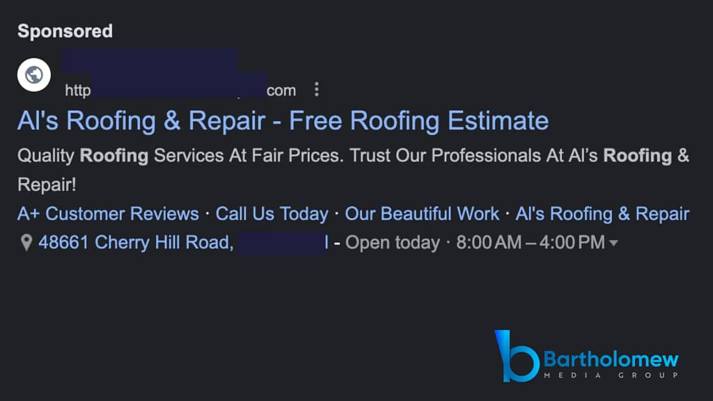 Screenshot of a Roofing Google Ad