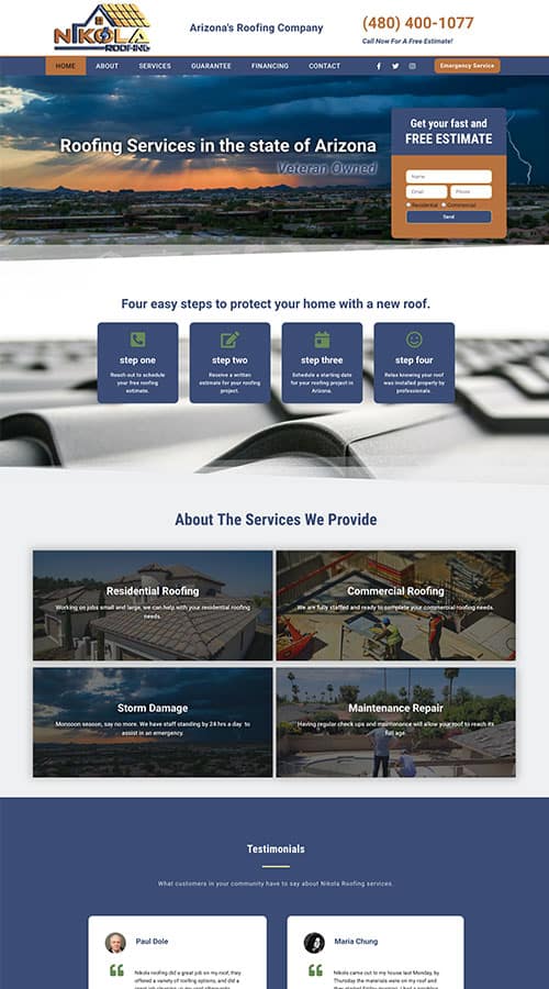 Nikola Roofing Website Design Screenshot